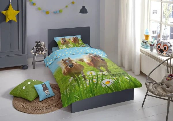 GOOD MORNING Kinder-Wendebettwäsche Horses, Baumwolle, Blau/grün, 135 X 200 + 80 X 80 Cm 3