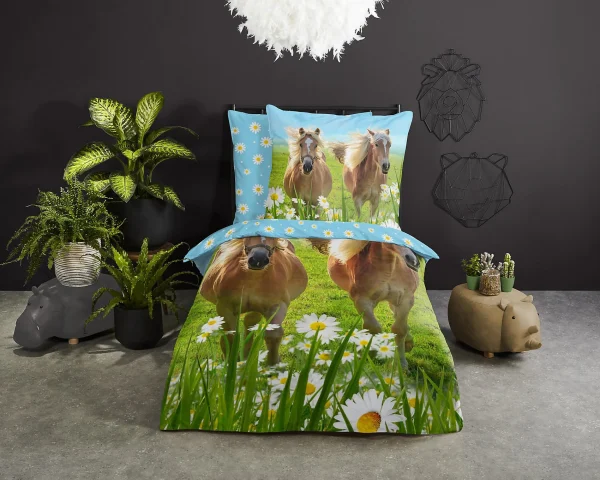 GOOD MORNING Kinder-Wendebettwäsche Horses, Baumwolle, Blau/grün, 135 X 200 + 80 X 80 Cm 4