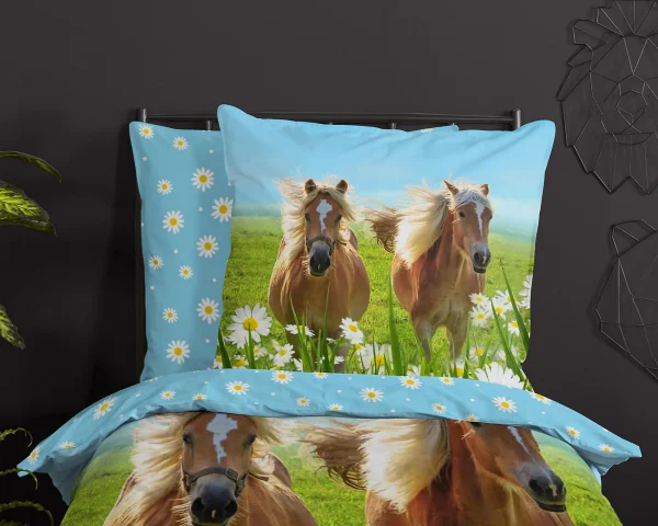GOOD MORNING Kinder-Wendebettwäsche Horses, Baumwolle, Blau/grün, 135 X 200 + 80 X 80 Cm 5