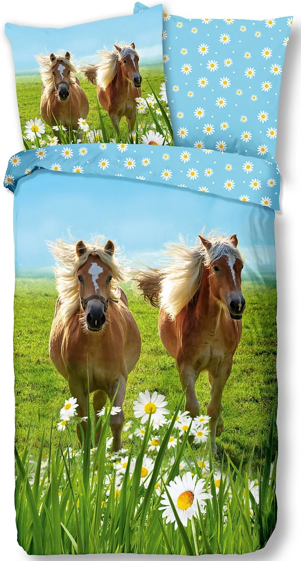 GOOD MORNING Kinder-Wendebettwäsche Horses, Baumwolle, Blau/grün, 135 X 200 + 80 X 80 Cm 1